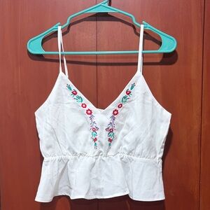 White Embroidered Crop Tank Top
